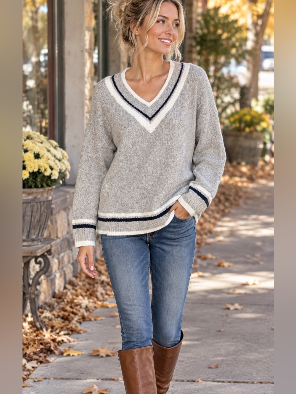 Abercrombie & Fitch Gray V Neck Varsity Stripe Cotton Sweater Size Large